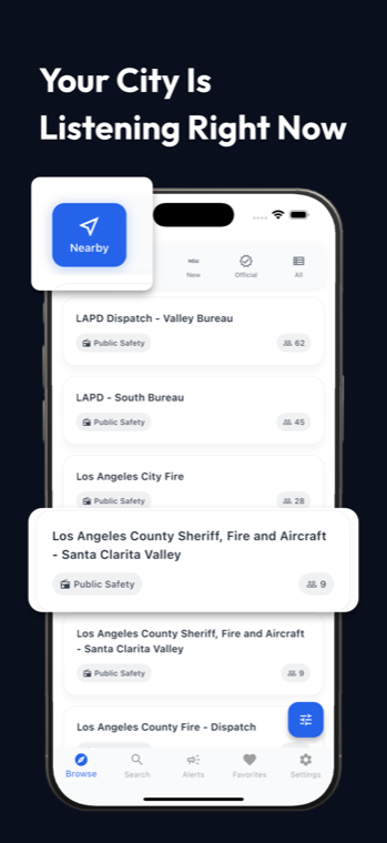 Browse tab showing nearby Los Angeles police and fire feeds with live listener counts