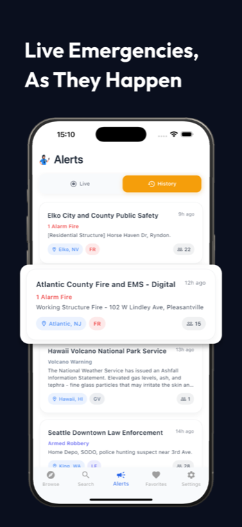 Alerts tab listing live incidents including structure fires and a volcano warning