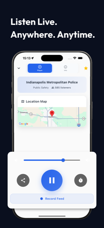 Player screen with a location map, volume slider, sleep timer, and a record feed button