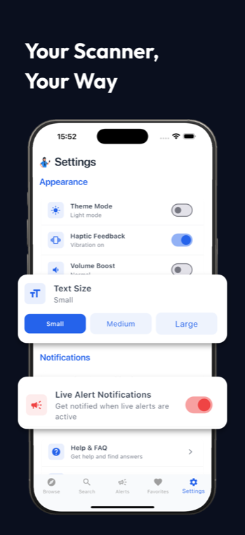 Settings screen with theme mode, haptic feedback, volume boost, text size, and live alert notification controls
